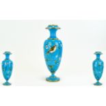 French Fine Quality 19th Century Blue Opaline Glass Vase. Oviform, enamelled with birds perched on