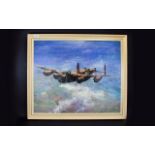 Framed Oil On Board, Lancaster Bomber In Flight, 25 x 30 Inches