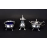 George VI Solid Silver and Heavy 3 Piece Cruet Set of Excellent Proportions, Complete with Blue