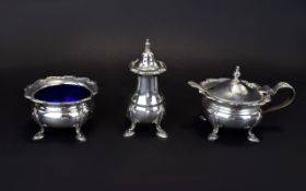 George VI Solid Silver and Heavy 3 Piece Cruet Set of Excellent Proportions, Complete with Blue