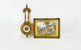 Vintage Barometer And Framed Print Barometer in neoclassical style wood casing with inlaid pattern