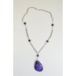 Large Purple Agate Pendant Necklace, a three strand long chain set with two pairs of round cut