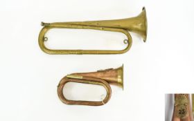 Cavalry Bugle Copper and brass bugle marked 23 Royal Welsh Fusiliers. Also a vintage French bugle