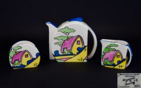 Clarice Cliff Wedgwood Hand Painted Stanford Shaped Trio of Teapot, Milk Jug and Sugar bowl in the