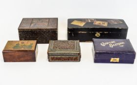 A Collection of Antique Handmade Wood Boxes to include small hand painted box in the aesthetic style