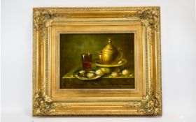 Original Artwork Still Life In Oils By M Dene Housed in ornate gilt frame and signed by artist to