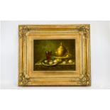 Original Artwork Still Life In Oils By M Dene Housed in ornate gilt frame and signed by artist to