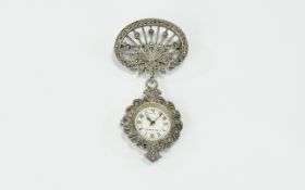 Peers Hardy - 1920's Style Silver and Marcasite Set Nurses Watch. In Excellent Condition, Nice