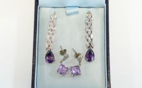 A Fine Pair of Impressive Silver Set CZ Drop Earrings. Each 1.5 Inches In length, Marked 925 -