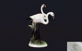Keramos Vintage Austria Very Fine Hand Painted Porcelain Bird Sculpture of two flamingos fully