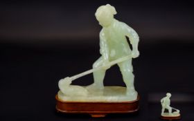 Chinese Impressive Mid 20thC Hand Carved Jade Figure of a Young Chinese girl with large mop.