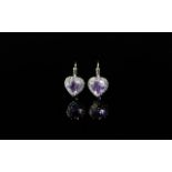 Rose de France Amethyst and White Topaz Heart Shaped Drop Earrings, the heart cut amethysts framed