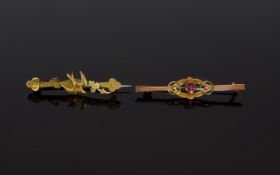 Victorian Period - Hallmarked Pair of 9ct Gold Brooches ( 2 ) In Total. Comprises 1/ Ornate Bird
