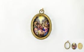 Hand Enamelled Nativity Scene Pendant, a detailed, hand painted, polychrome enamel on copper oval,