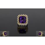 14ct Yellow Gold Amethyst & Diamond Ring, Set With A Cushion Cut Amethyst (Estimated Weight 7.
