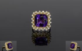 14ct Yellow Gold Amethyst & Diamond Ring, Set With A Cushion Cut Amethyst (Estimated Weight 7.