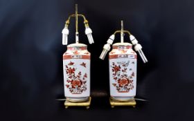 Pair of 20thC Square Sectional Chinoiserie Decorated Table Lamps raised on wooden bases with iron