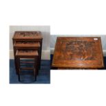 20thC Oriental Nest Of Three Tables, Carved Tops And Side Panels, Height 26 Inches, 20 x 14 Inch
