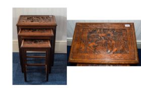 20thC Oriental Nest Of Three Tables, Carved Tops And Side Panels, Height 26 Inches, 20 x 14 Inch