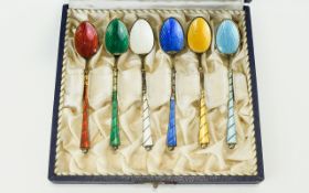 A Boxed Set of Six Solid Silver and Enamel Coffee Spoons From 1950's Denmark, Marked with Silver