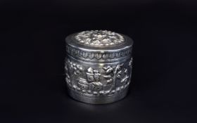 Anglo Indian Silver Lidded Round and Embossed Trinket Jar with Embossed Scenes to Side Panels and