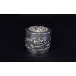 Anglo Indian Silver Lidded Round and Embossed Trinket Jar with Embossed Scenes to Side Panels and