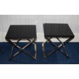 Pair of Modern Contemporary Glass Side Tables with smoked black top and chrome X frame supports