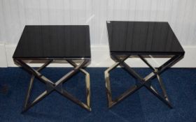 Pair of Modern Contemporary Glass Side Tables with smoked black top and chrome X frame supports