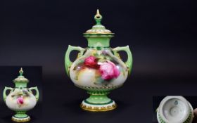 Royal Worcester Hadleys Handpainted Persian Style Twin Handle Lidded Vase 'Roses' still life, date