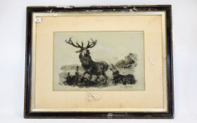 Early 20thC Pencil Drawing Highland Stag With Two Dogs, 14 x 20 Inches, Signed And dated Louie
