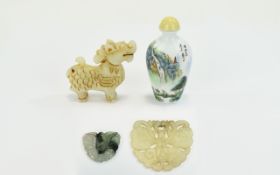 Chinese Small Collection Of Mixed Vintage Items Includes a couple of carved jade pieces, one in