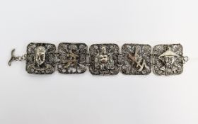 A Vintage Handmade Silver Bracelet With Applied Chinese Motifs Statement bracelet comprising five