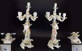 Meissen - Very Fine and Stunning Pair of 19th Century Tall Porcelain Figural 5 Branch Candelabra,