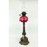 Wright & Butler; Birmingham, Pugin Style Cast Iron Oil Lamp With Cranberry Reservoir, Height 29
