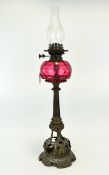 Wright & Butler; Birmingham, Pugin Style Cast Iron Oil Lamp With Cranberry Reservoir, Height 29