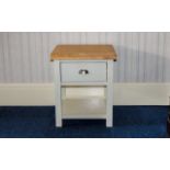 Small Modern Side Table, Painted white fame, beech top, single drawer. 24 inches high.