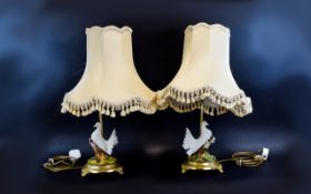 A Pair Of Decorative Capodimonte Gilt And Ceramic Lamps Each featuring ceramic doves on floral and