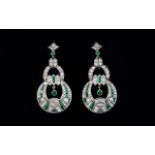 Art Deco Stunning And Superb Pair Of 18ct White Gold And Platinum Set Emerald and Diamond Drop