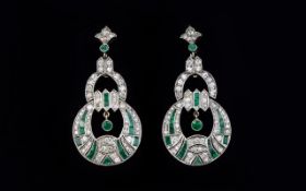 Art Deco Stunning And Superb Pair Of 18ct White Gold And Platinum Set Emerald and Diamond Drop