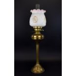 Late Victorian Period Brass Oil Lamp, Twin Wick Moulded Two Tone Colour Shade with Floral