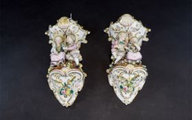 Pair Of Dresdon Porcelain Figural Wall Pockets, Crossed Sword Mark To Backs, Height 13 Inches