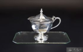 Silver Lidded Mustard Pot complete with blue liner. Maker E Viner, Silver weight 77.5 grams. 2.75
