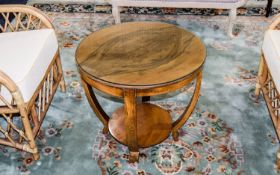 Art Deco Style Walnut Coffee Table Circular table with circular bottom stretcher, four curved