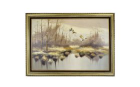 Framed Acrylic On Canvas Large canvas depicting an autumnal pond with three mallards in flight,