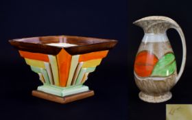Myott Art Deco Period Hand Painted Flower Diamond Shaped Vase/Planter with original frog insert