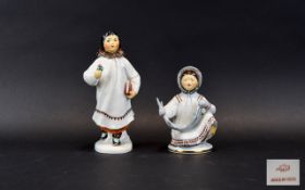 Two Lomonosov Russian Ceramic Figures Each in the form of a young Siberian girl. The first depicts a