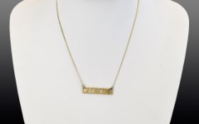 Ladies 9ct Gold Name Tag- ''Georgina''- Open Work. Attached to 9ct Gold. Trace Chain. Fully