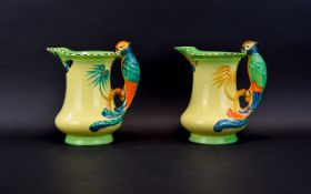 Two Burleigh Ware Vintage 1930's Parrot Jugs Whimsical pale primrose yellow jugs with hand painted