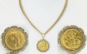 Edwardian Nice Quality 9ct Gold Double Albert Chain With Attached 22ct Gold Full Sovereign Date 1908