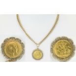 Edwardian Nice Quality 9ct Gold Double Albert Chain With Attached 22ct Gold Full Sovereign Date 1908